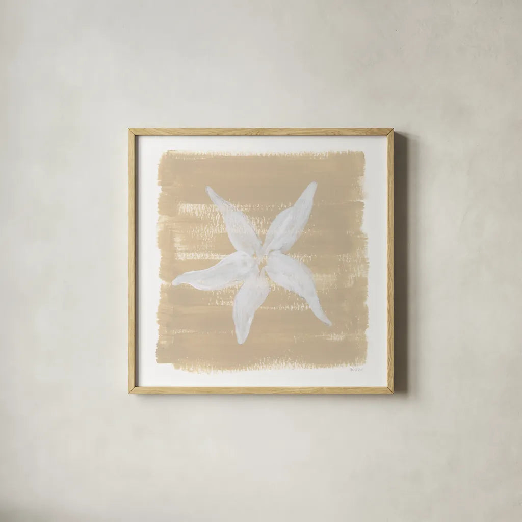 Soft Sea Starfish by Yvette St. Amant. Shown in a natural wood glass frame for a timeless modern aesthetic. Available as an archival giclee rolled canvas, fine art paper, or poster print. SKU 90001a.