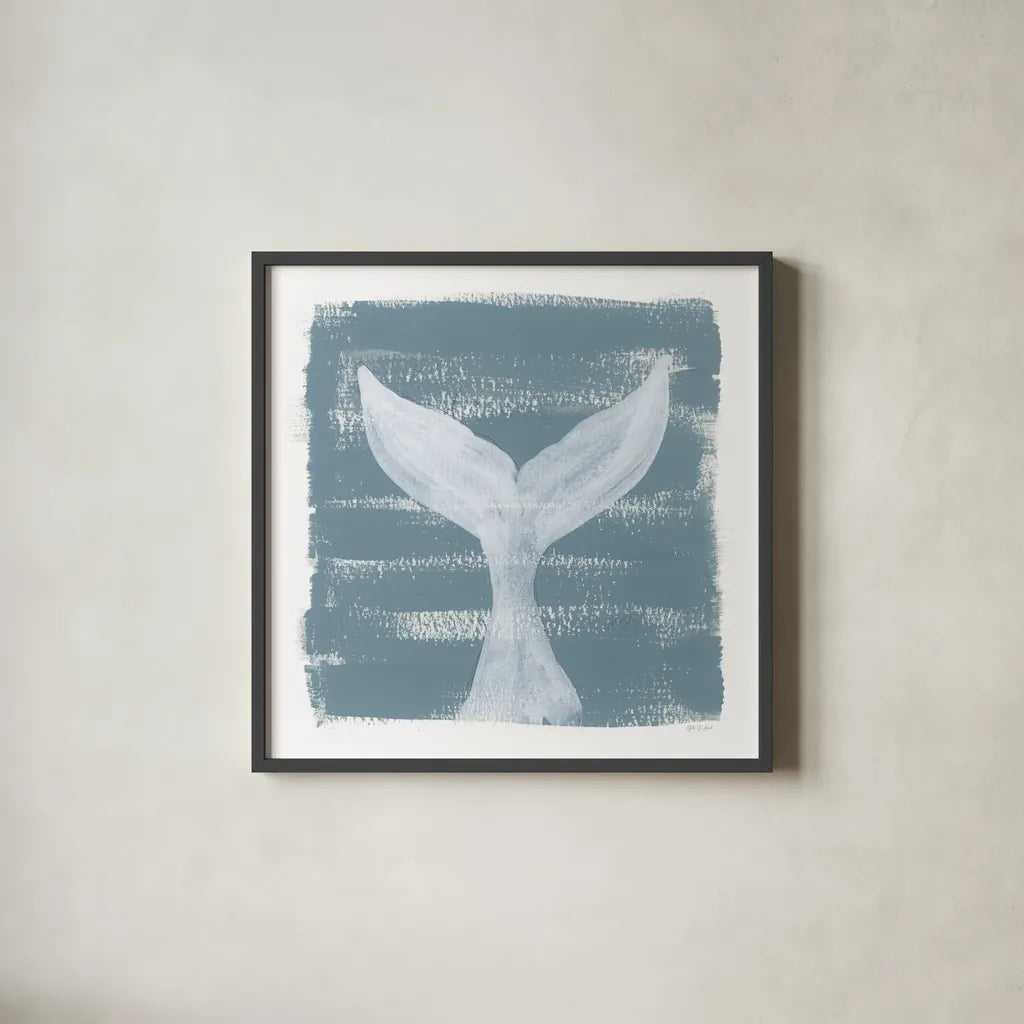 Soft Sea Whale Tail by Yvette St. Amant. Shown in a sleek black glass frame for a contemporary gallery look. Available as an archival giclee rolled canvas, fine art paper, or poster print. SKU 90000a.