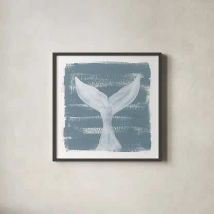 Soft Sea Whale Tail by Yvette St. Amant. Shown in a sleek black glass frame for a contemporary gallery look. Available as an archival giclee rolled canvas, fine art paper, or poster print. SKU 90000a.