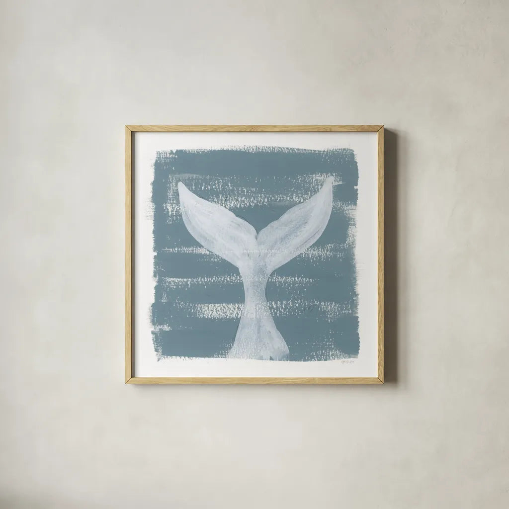 Soft Sea Whale Tail by Yvette St. Amant. Shown in a natural wood glass frame for a timeless modern aesthetic. Available as an archival giclee rolled canvas, fine art paper, or poster print. SKU 90000a.