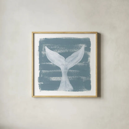 Soft Sea Whale Tail by Yvette St. Amant. Shown in a natural wood glass frame for a timeless modern aesthetic. Available as an archival giclee rolled canvas, fine art paper, or poster print. SKU 90000a.