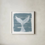 Soft Sea Whale Tail by Yvette St. Amant. Shown in a crisp white glass frame for a clean and minimalist style. Available as an archival giclee rolled canvas, fine art paper, or poster print. SKU 90000a.