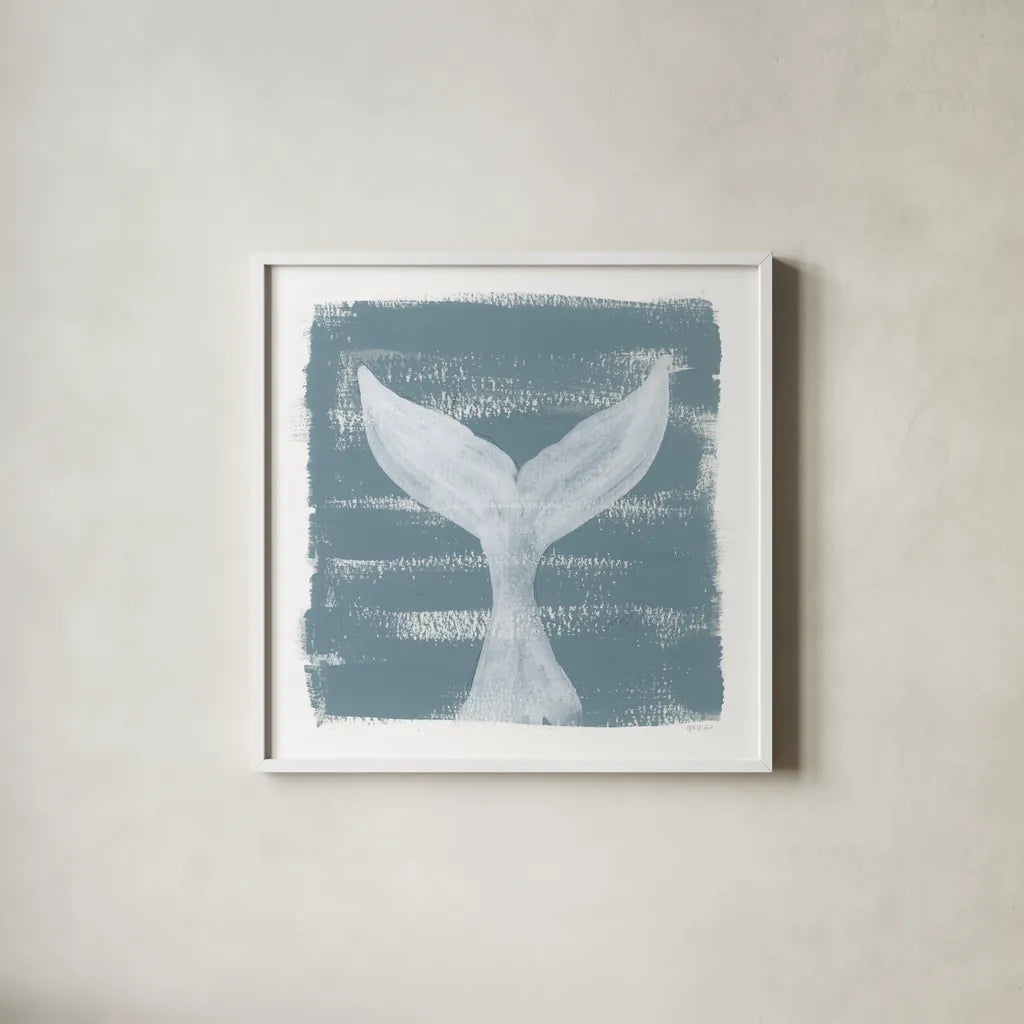 Soft Sea Whale Tail by Yvette St. Amant. Shown in a crisp white glass frame for a clean and minimalist style. Available as an archival giclee rolled canvas, fine art paper, or poster print. SKU 90000a.