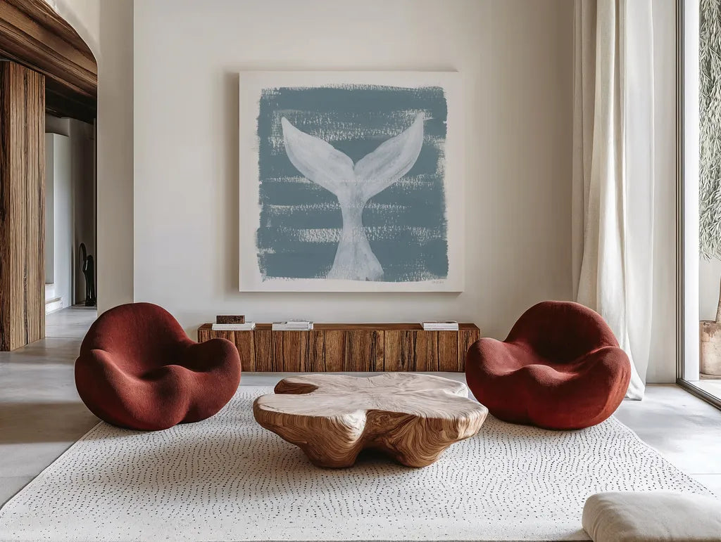 Soft Sea Whale Tail by Yvette St. Amant. Shown as extra-large giant wall art in a modern living room. Available as an archival giclee rolled canvas, fine art paper, or poster print. SKU 90000a.