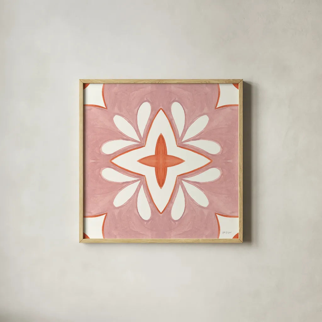 Southwest Tile I by Yvette St. Amant. Shown in a natural wood glass frame for a timeless modern aesthetic. Available as an archival giclee rolled canvas, fine art paper, or poster print. SKU 95159a.