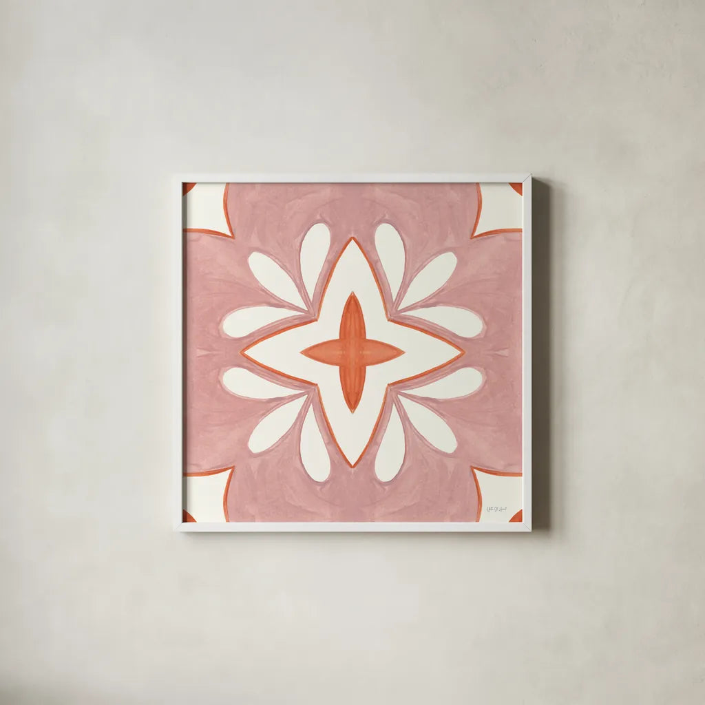 Southwest Tile I by Yvette St. Amant. Shown in a crisp white glass frame for a clean and minimalist style. Available as an archival giclee rolled canvas, fine art paper, or poster print. SKU 95159a.