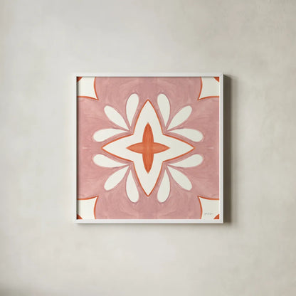 Southwest Tile I by Yvette St. Amant. Shown in a crisp white glass frame for a clean and minimalist style. Available as an archival giclee rolled canvas, fine art paper, or poster print. SKU 95159a.