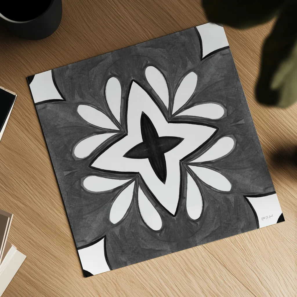 Southwest Tile I BW by Yvette St. Amant. Shown as a detailed flat fine art print, highlighting archival giclee quality. Available as an archival giclee rolled canvas, fine art paper, or poster print. SKU 95163a.