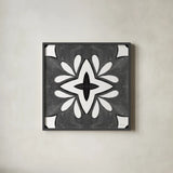 Southwest Tile I BW by Yvette St. Amant. Shown in a sleek black glass frame for a contemporary gallery look. Available as an archival giclee rolled canvas, fine art paper, or poster print. SKU 95163a.