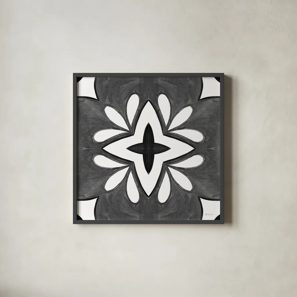 Southwest Tile I BW by Yvette St. Amant. Shown in a sleek black glass frame for a contemporary gallery look. Available as an archival giclee rolled canvas, fine art paper, or poster print. SKU 95163a.
