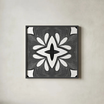 Southwest Tile I BW by Yvette St. Amant. Shown in a sleek black glass frame for a contemporary gallery look. Available as an archival giclee rolled canvas, fine art paper, or poster print. SKU 95163a.