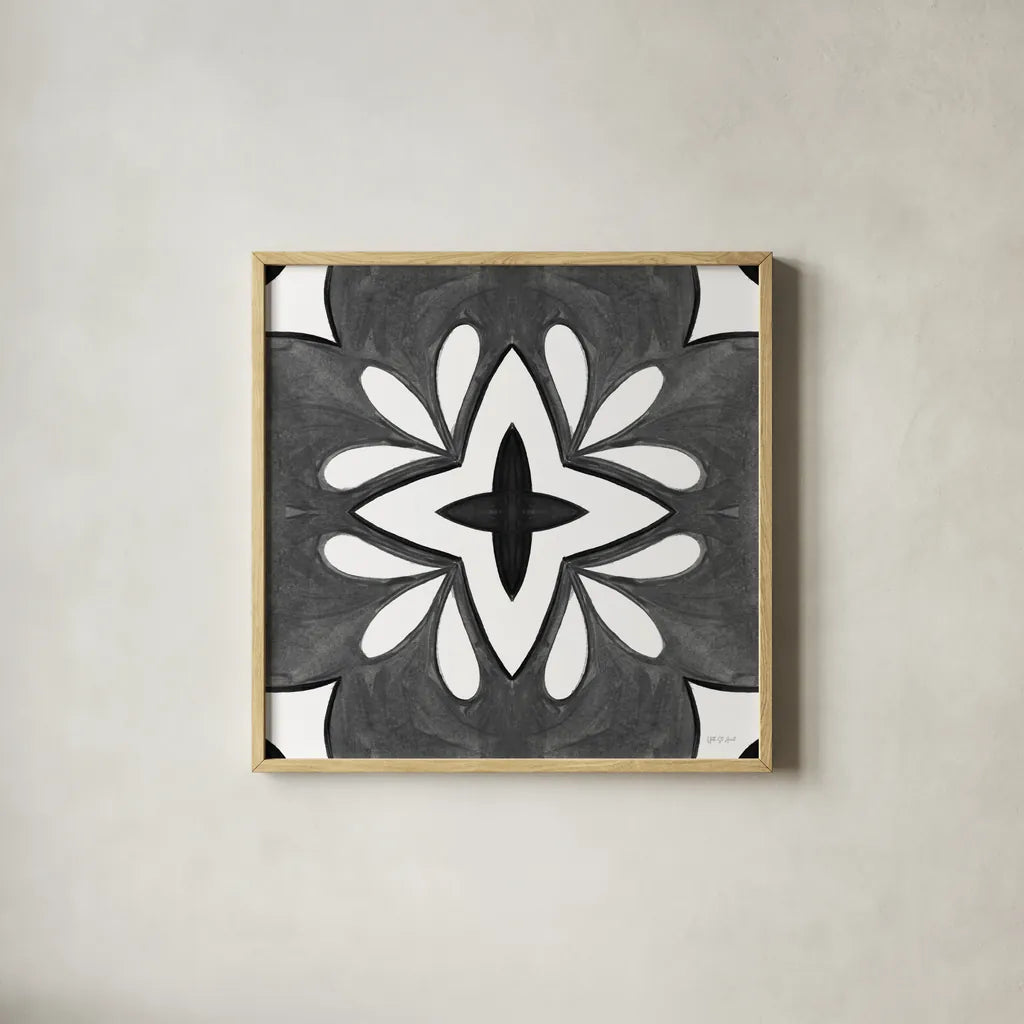 Southwest Tile I BW by Yvette St. Amant. Shown in a natural wood glass frame for a timeless modern aesthetic. Available as an archival giclee rolled canvas, fine art paper, or poster print. SKU 95163a.