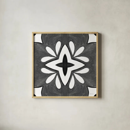 Southwest Tile I BW by Yvette St. Amant. Shown in a natural wood glass frame for a timeless modern aesthetic. Available as an archival giclee rolled canvas, fine art paper, or poster print. SKU 95163a.