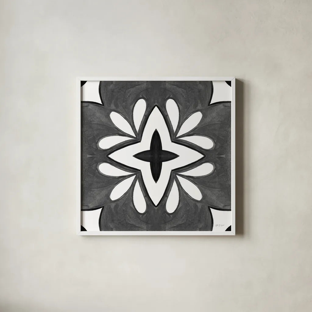 Southwest Tile I BW by Yvette St. Amant. Shown in a crisp white glass frame for a clean and minimalist style. Available as an archival giclee rolled canvas, fine art paper, or poster print. SKU 95163a.