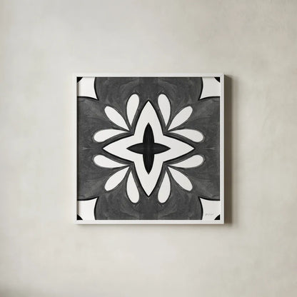 Southwest Tile I BW by Yvette St. Amant. Shown in a crisp white glass frame for a clean and minimalist style. Available as an archival giclee rolled canvas, fine art paper, or poster print. SKU 95163a.