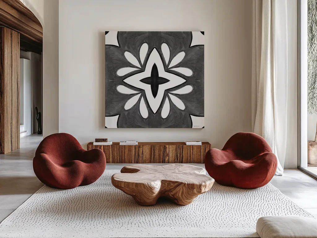 Southwest Tile I BW by Yvette St. Amant. Shown as extra-large giant wall art in a modern living room. Available as an archival giclee rolled canvas, fine art paper, or poster print. SKU 95163a.