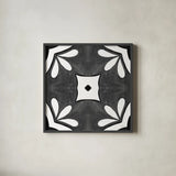 Southwest Tile II BW by Yvette St. Amant. Shown in a sleek black glass frame for a contemporary gallery look. Available as an archival giclee rolled canvas, fine art paper, or poster print. SKU 95164a.