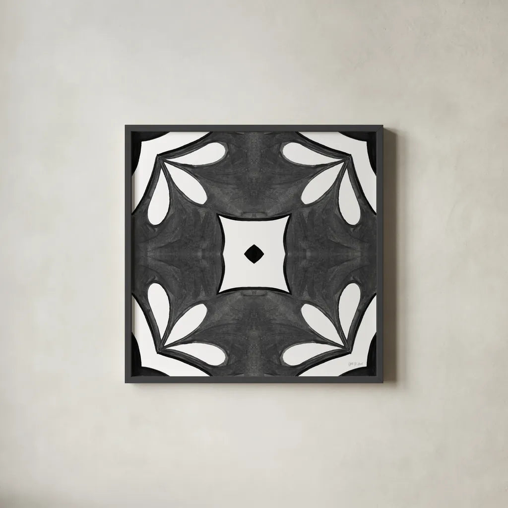 Southwest Tile II BW by Yvette St. Amant. Shown in a sleek black glass frame for a contemporary gallery look. Available as an archival giclee rolled canvas, fine art paper, or poster print. SKU 95164a.