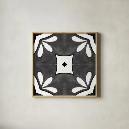 Southwest Tile II BW by Yvette St. Amant. Shown in a natural wood glass frame for a timeless modern aesthetic. Available as an archival giclee rolled canvas, fine art paper, or poster print. SKU 95164a.