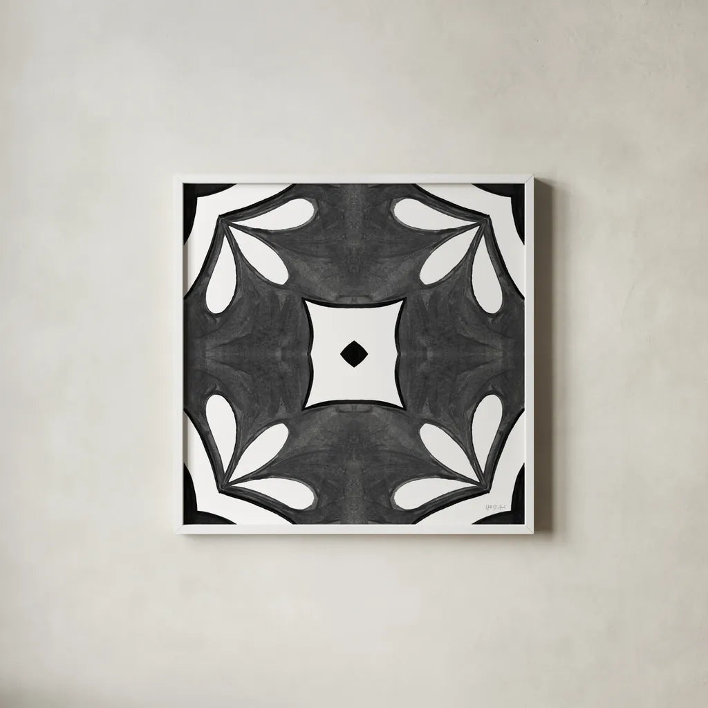 Southwest Tile II BW by Yvette St. Amant. Shown in a crisp white glass frame for a clean and minimalist style. Available as an archival giclee rolled canvas, fine art paper, or poster print. SKU 95164a.