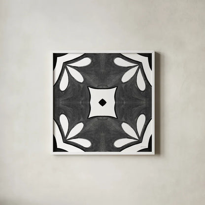 Southwest Tile II BW by Yvette St. Amant. Shown in a crisp white glass frame for a clean and minimalist style. Available as an archival giclee rolled canvas, fine art paper, or poster print. SKU 95164a.