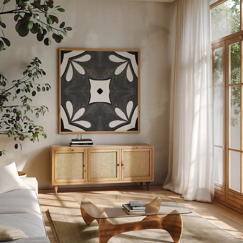 Southwest Tile II BW by Yvette St. Amant. Shown in a natural wood frame in a cozy modern living room. Available as an archival giclee rolled canvas, fine art paper, or poster print. SKU 95164a.