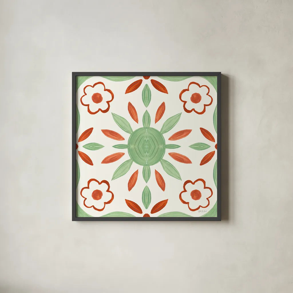 Southwest Tile III by Yvette St. Amant. Shown in a sleek black glass frame for a contemporary gallery look. Available as an archival giclee rolled canvas, fine art paper, or poster print. SKU 95161a.