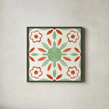 Southwest Tile III by Yvette St. Amant. Shown in a sleek black glass frame for a contemporary gallery look. Available as an archival giclee rolled canvas, fine art paper, or poster print. SKU 95161a.