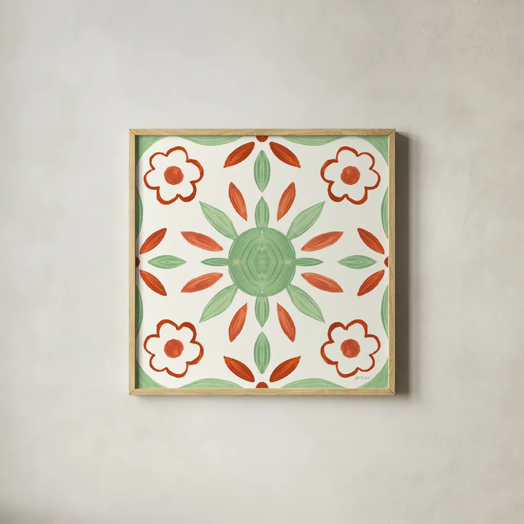 Southwest Tile III by Yvette St. Amant. Shown in a natural wood glass frame for a timeless modern aesthetic. Available as an archival giclee rolled canvas, fine art paper, or poster print. SKU 95161a.