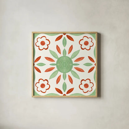 Southwest Tile III by Yvette St. Amant. Shown in a natural wood glass frame for a timeless modern aesthetic. Available as an archival giclee rolled canvas, fine art paper, or poster print. SKU 95161a.