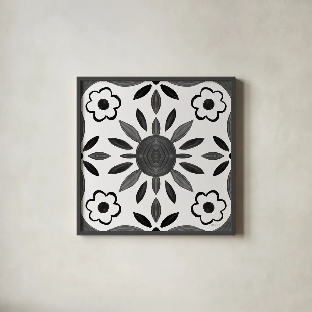 Southwest Tile III BW by Yvette St. Amant. Shown in a sleek black glass frame for a contemporary gallery look. Available as an archival giclee rolled canvas, fine art paper, or poster print. SKU 95165a.