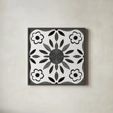 Southwest Tile III BW by Yvette St. Amant. Shown in a sleek black glass frame for a contemporary gallery look. Available as an archival giclee rolled canvas, fine art paper, or poster print. SKU 95165a.