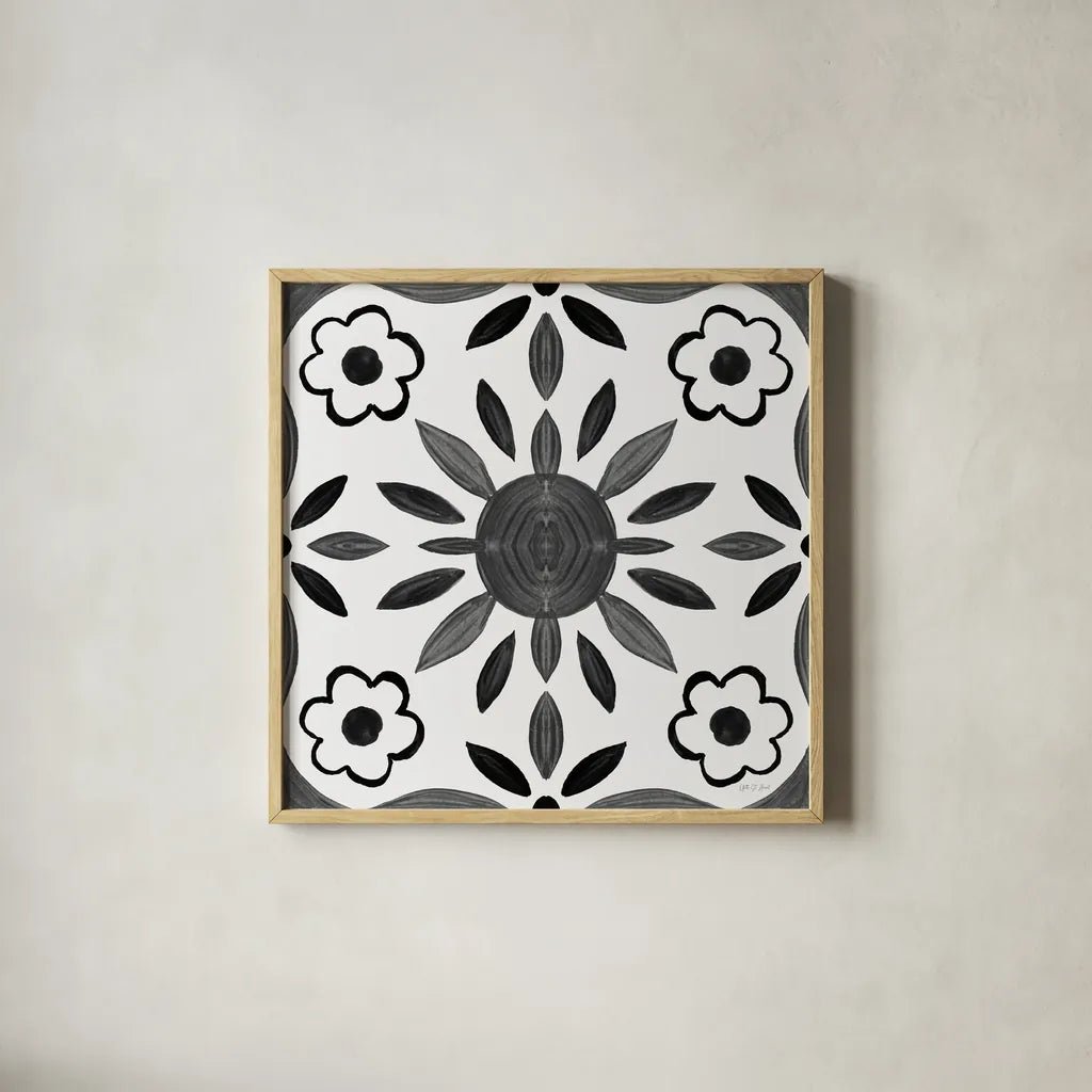 Southwest Tile III BW by Yvette St. Amant. Shown in a natural wood glass frame for a timeless modern aesthetic. Available as an archival giclee rolled canvas, fine art paper, or poster print. SKU 95165a.