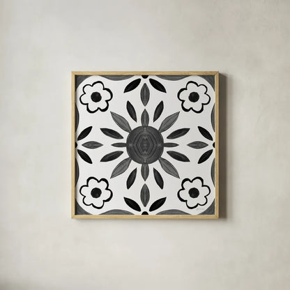 Southwest Tile III BW by Yvette St. Amant. Shown in a natural wood glass frame for a timeless modern aesthetic. Available as an archival giclee rolled canvas, fine art paper, or poster print. SKU 95165a.