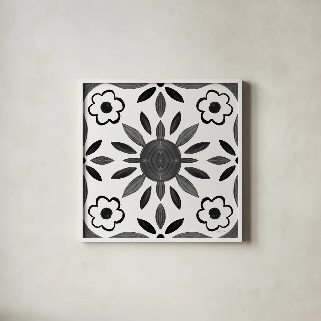 Southwest Tile III BW by Yvette St. Amant. Shown in a crisp white glass frame for a clean and minimalist style. Available as an archival giclee rolled canvas, fine art paper, or poster print. SKU 95165a.