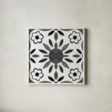 Southwest Tile III BW by Yvette St. Amant. Shown in a crisp white glass frame for a clean and minimalist style. Available as an archival giclee rolled canvas, fine art paper, or poster print. SKU 95165a.