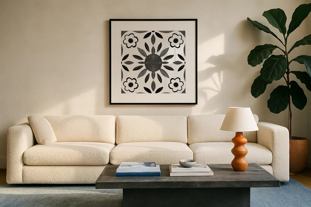Southwest Tile III BW by Yvette St. Amant. Displayed in a glass frame with matte in a clean modern living room. Available as an archival giclee rolled canvas, fine art paper, or poster print. SKU 95165a.