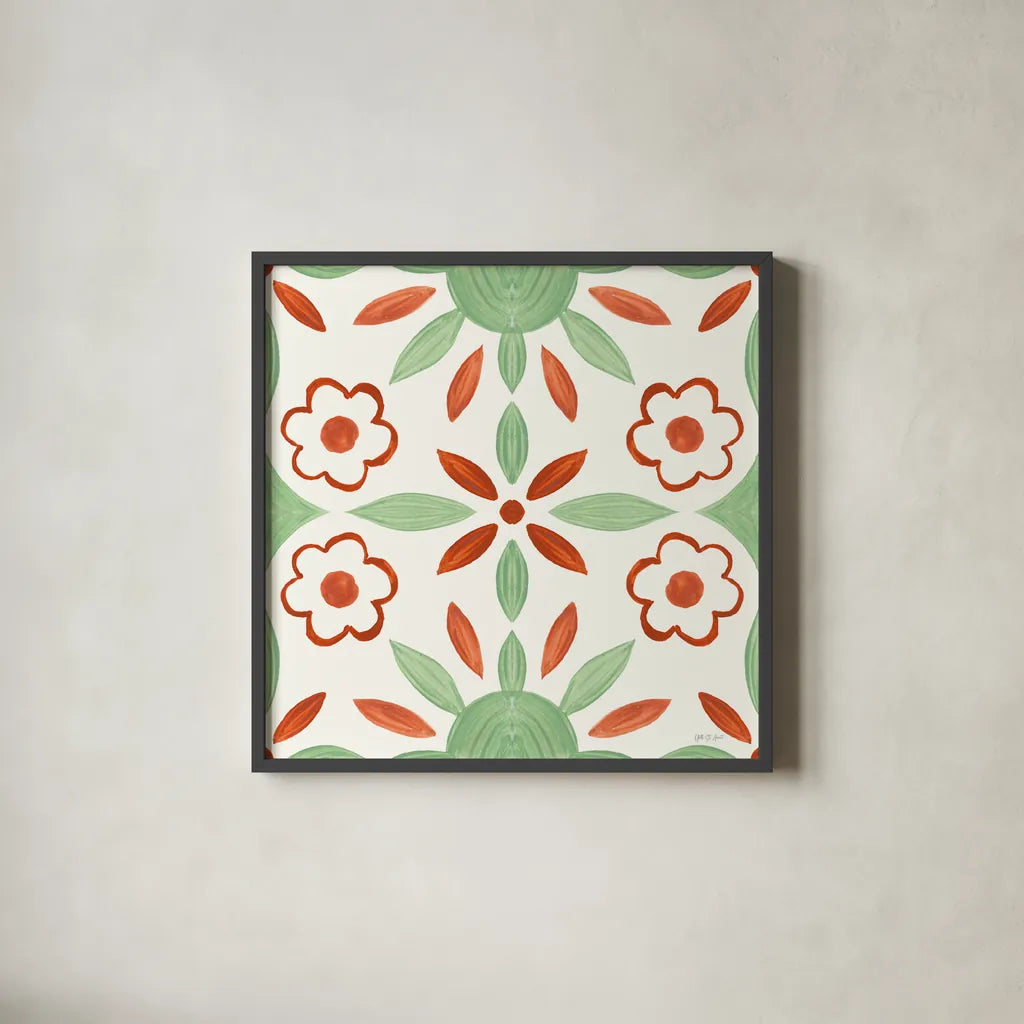 Southwest Tile IV by Yvette St. Amant. Shown in a sleek black glass frame for a contemporary gallery look. Available as an archival giclee rolled canvas, fine art paper, or poster print. SKU 95162a.