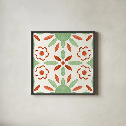 Southwest Tile IV by Yvette St. Amant. Shown in a sleek black glass frame for a contemporary gallery look. Available as an archival giclee rolled canvas, fine art paper, or poster print. SKU 95162a.