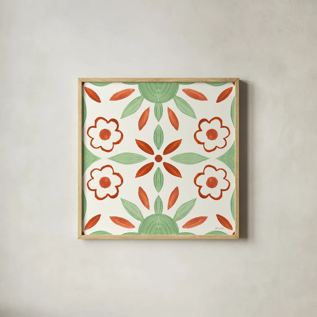 Southwest Tile IV by Yvette St. Amant. Shown in a natural wood glass frame for a timeless modern aesthetic. Available as an archival giclee rolled canvas, fine art paper, or poster print. SKU 95162a.