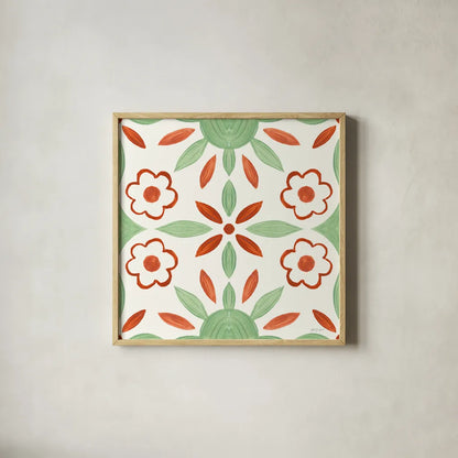 Southwest Tile IV by Yvette St. Amant. Shown in a natural wood glass frame for a timeless modern aesthetic. Available as an archival giclee rolled canvas, fine art paper, or poster print. SKU 95162a.
