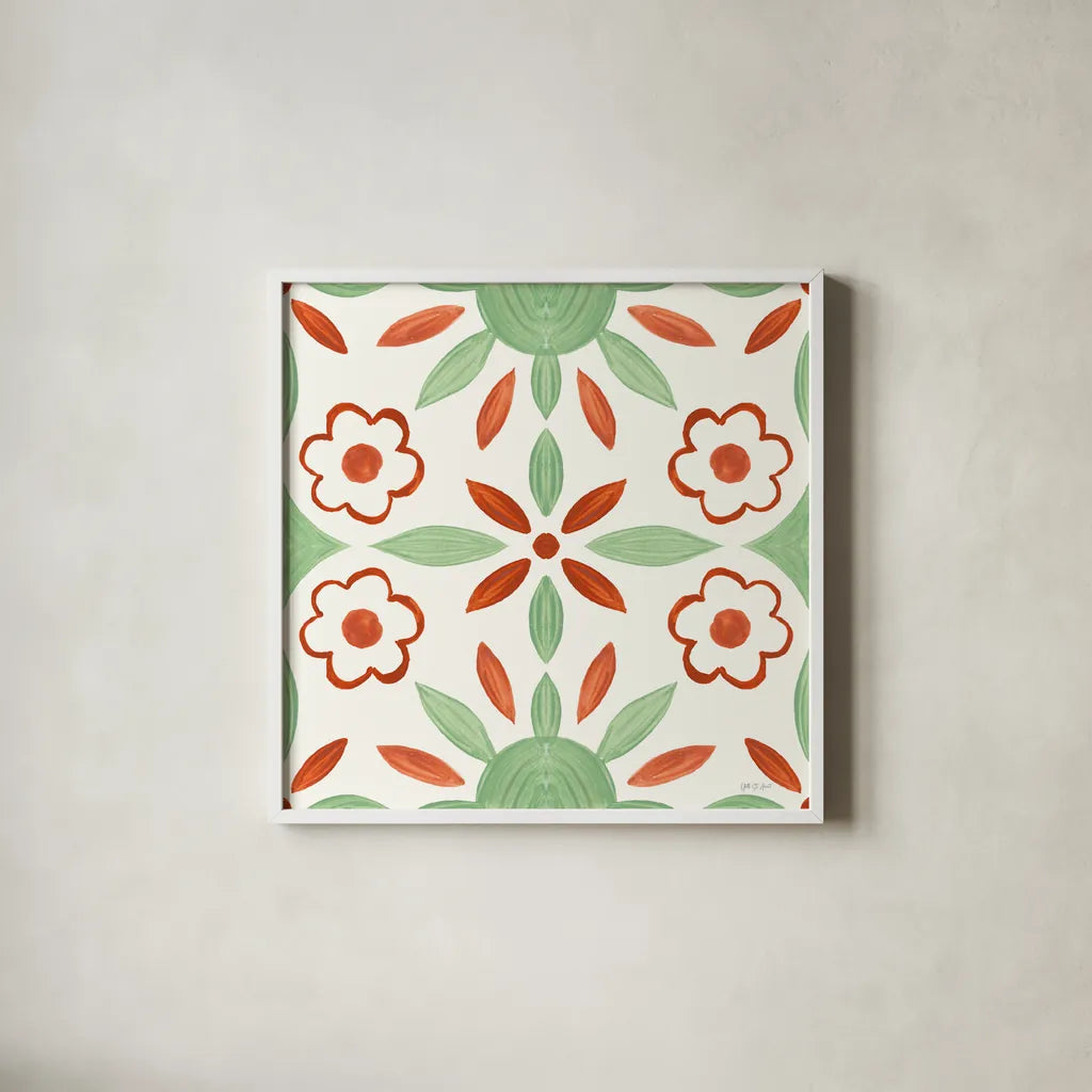 Southwest Tile IV by Yvette St. Amant. Shown in a crisp white glass frame for a clean and minimalist style. Available as an archival giclee rolled canvas, fine art paper, or poster print. SKU 95162a.