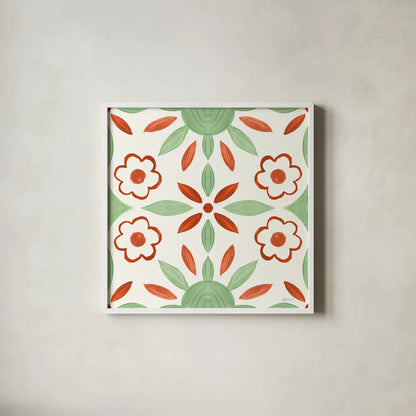 Southwest Tile IV by Yvette St. Amant. Shown in a crisp white glass frame for a clean and minimalist style. Available as an archival giclee rolled canvas, fine art paper, or poster print. SKU 95162a.