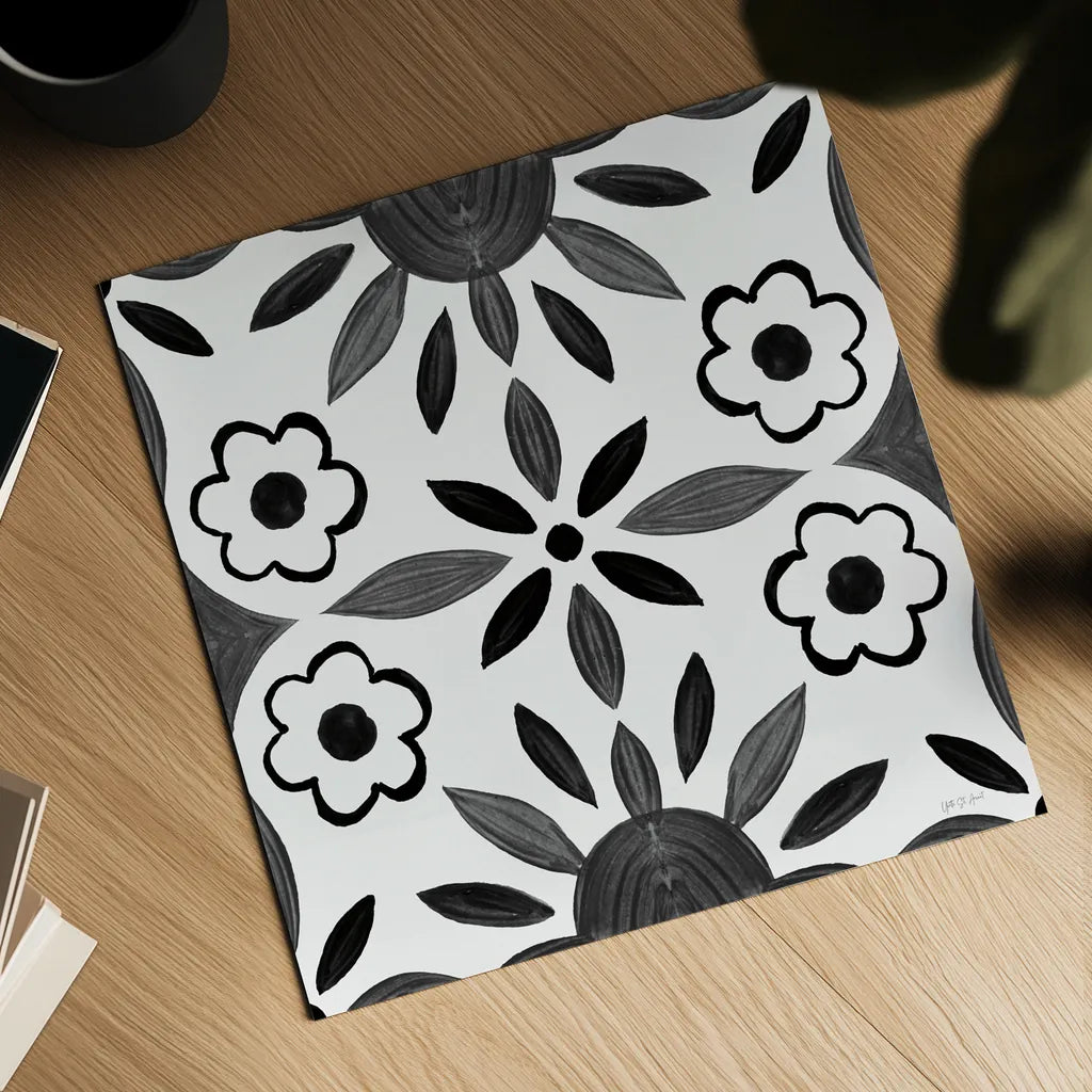 Southwest Tile IV BW by Yvette St. Amant. Shown as a detailed flat fine art print, highlighting archival giclee quality. Available as an archival giclee rolled canvas, fine art paper, or poster print. SKU 95166a.