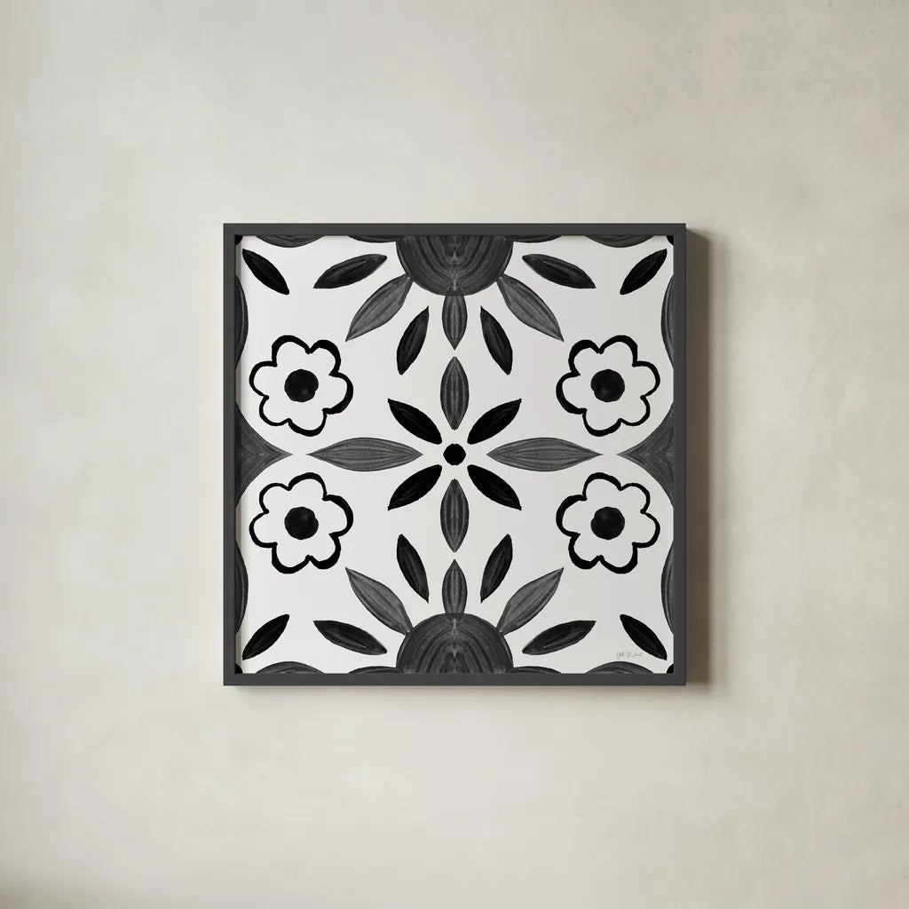 Southwest Tile IV BW by Yvette St. Amant. Shown in a sleek black glass frame for a contemporary gallery look. Available as an archival giclee rolled canvas, fine art paper, or poster print. SKU 95166a.