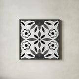 Southwest Tile IV BW by Yvette St. Amant. Shown in a sleek black glass frame for a contemporary gallery look. Available as an archival giclee rolled canvas, fine art paper, or poster print. SKU 95166a.