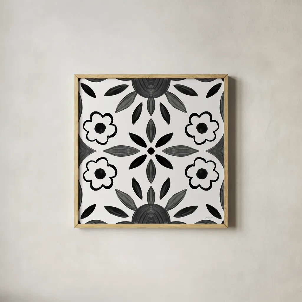 Southwest Tile IV BW by Yvette St. Amant. Shown in a natural wood glass frame for a timeless modern aesthetic. Available as an archival giclee rolled canvas, fine art paper, or poster print. SKU 95166a.