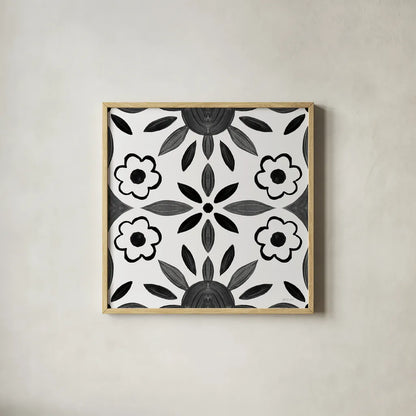 Southwest Tile IV BW by Yvette St. Amant. Shown in a natural wood glass frame for a timeless modern aesthetic. Available as an archival giclee rolled canvas, fine art paper, or poster print. SKU 95166a.