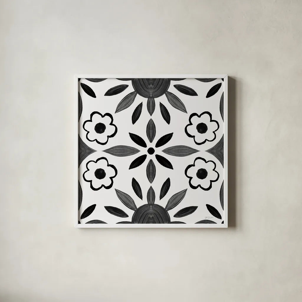 Southwest Tile IV BW by Yvette St. Amant. Shown in a crisp white glass frame for a clean and minimalist style. Available as an archival giclee rolled canvas, fine art paper, or poster print. SKU 95166a.