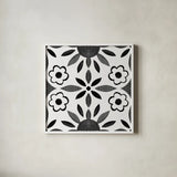 Southwest Tile IV BW by Yvette St. Amant. Shown in a crisp white glass frame for a clean and minimalist style. Available as an archival giclee rolled canvas, fine art paper, or poster print. SKU 95166a.